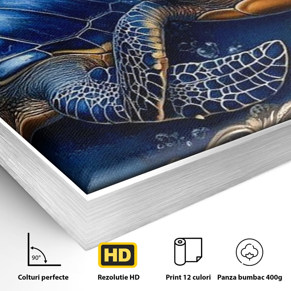 Tablou Canvas Premium, LuxCanva® M1423, Fratia Oceanului, Testoase, Ocean, Albastru, Auriu, Adancuri, Mister, Pereche, Flori, Poveste, Acvatic, Birou, Living, Camera Copil
