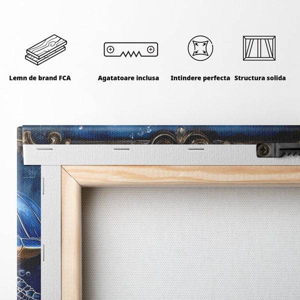 Tablou Canvas Premium, LuxCanva® M1423, Fratia Oceanului, Testoase, Ocean, Albastru, Auriu, Adancuri, Mister, Pereche, Flori, Poveste, Acvatic, Birou, Living, Camera Copil