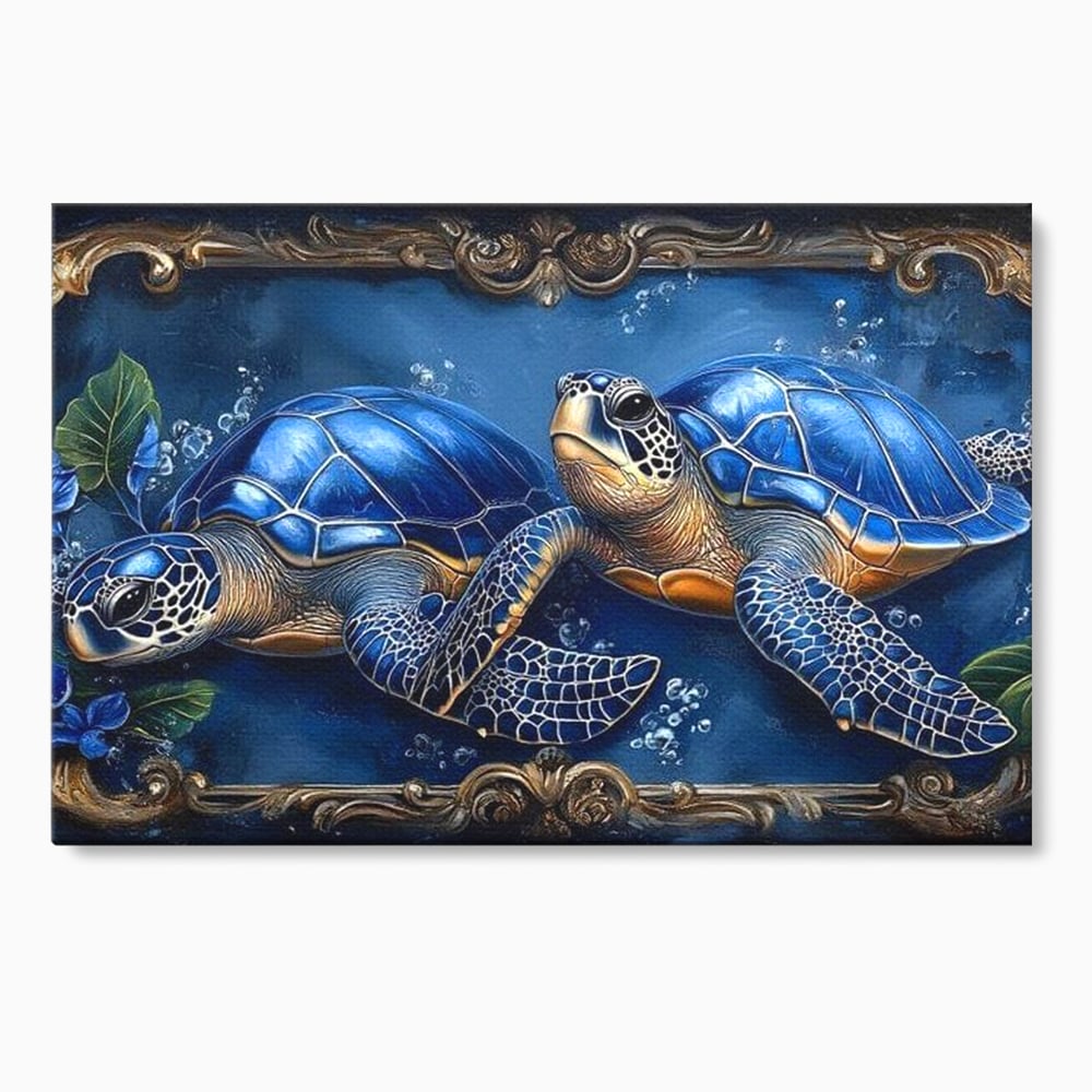 Tablou Canvas Premium, LuxCanva® M1423, Fratia Oceanului, Testoase, Ocean, Albastru, Auriu, Adancuri, Mister, Pereche, Flori, Poveste, Acvatic, Birou, Living, Camera Copil