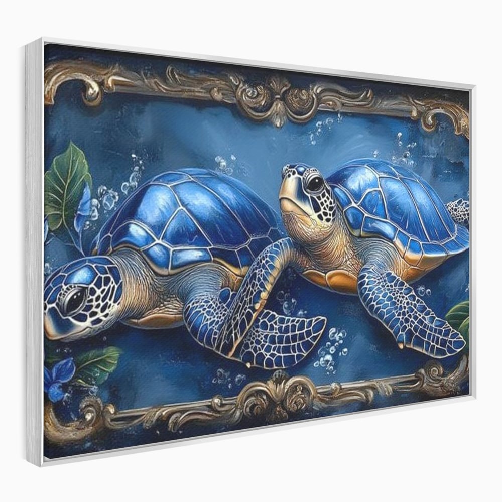 Tablou Canvas Premium, LuxCanva® M1423, Fratia Oceanului, Testoase, Ocean, Albastru, Auriu, Adancuri, Mister, Pereche, Flori, Poveste, Acvatic, Birou, Living, Camera Copil