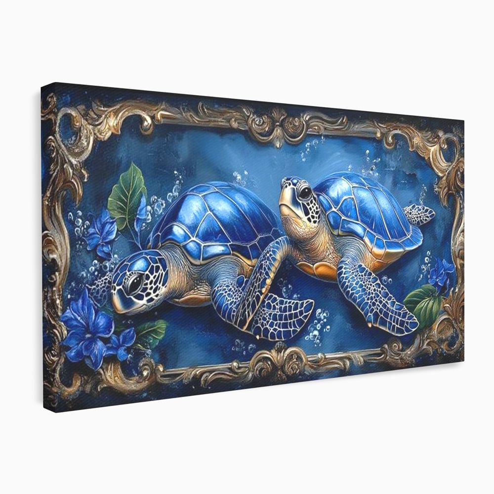 Tablou Canvas Premium, LuxCanva® M1423, Fratia Oceanului, Testoase, Ocean, Albastru, Auriu, Adancuri, Mister, Pereche, Flori, Poveste, Acvatic, Birou, Living, Camera Copil