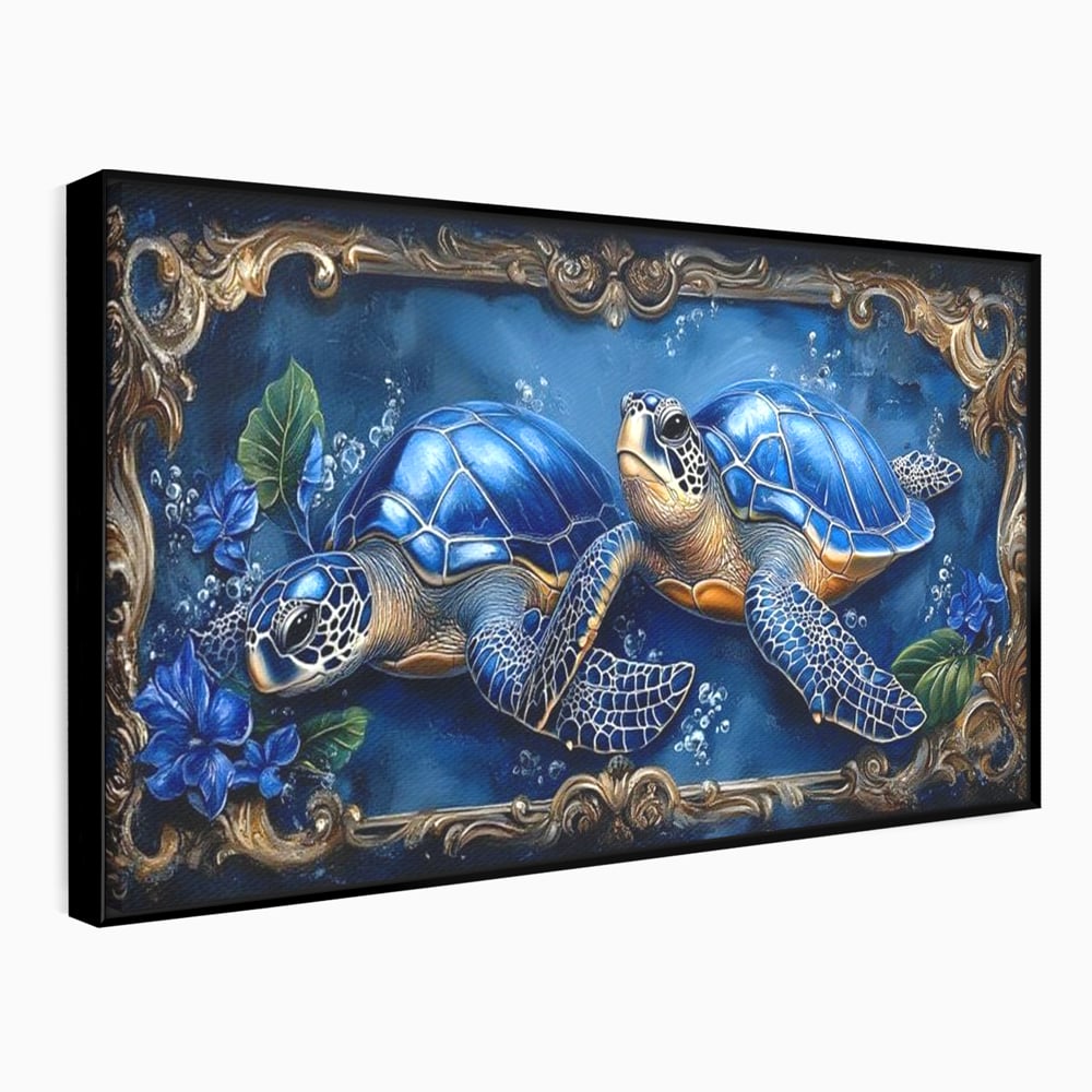 Tablou Canvas Premium, LuxCanva® M1423, Fratia Oceanului, Testoase, Ocean, Albastru, Auriu, Adancuri, Mister, Pereche, Flori, Poveste, Acvatic, Birou, Living, Camera Copil