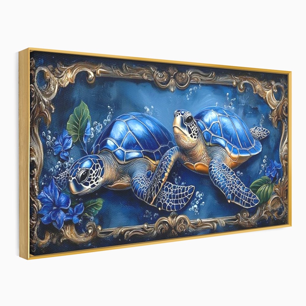 Tablou Canvas Premium, LuxCanva® M1423, Fratia Oceanului, Testoase, Ocean, Albastru, Auriu, Adancuri, Mister, Pereche, Flori, Poveste, Acvatic, Birou, Living, Camera Copil