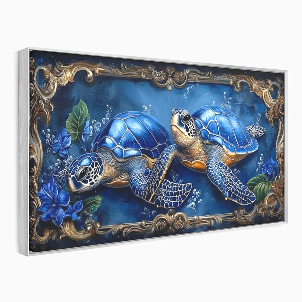 Tablou Canvas Premium, LuxCanva® M1423, Fratia Oceanului, Testoase, Ocean, Albastru, Auriu, Adancuri, Mister, Pereche, Flori, Poveste, Acvatic, Birou, Living, Camera Copil