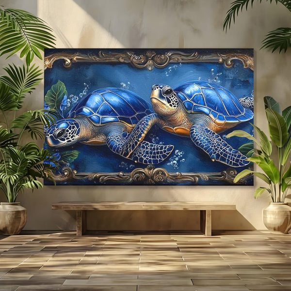 Tablou Canvas Premium, LuxCanva® M1423, Fratia Oceanului, Testoase, Ocean, Albastru, Auriu, Adancuri, Mister, Pereche, Flori, Poveste, Acvatic, Birou, Living, Camera Copil