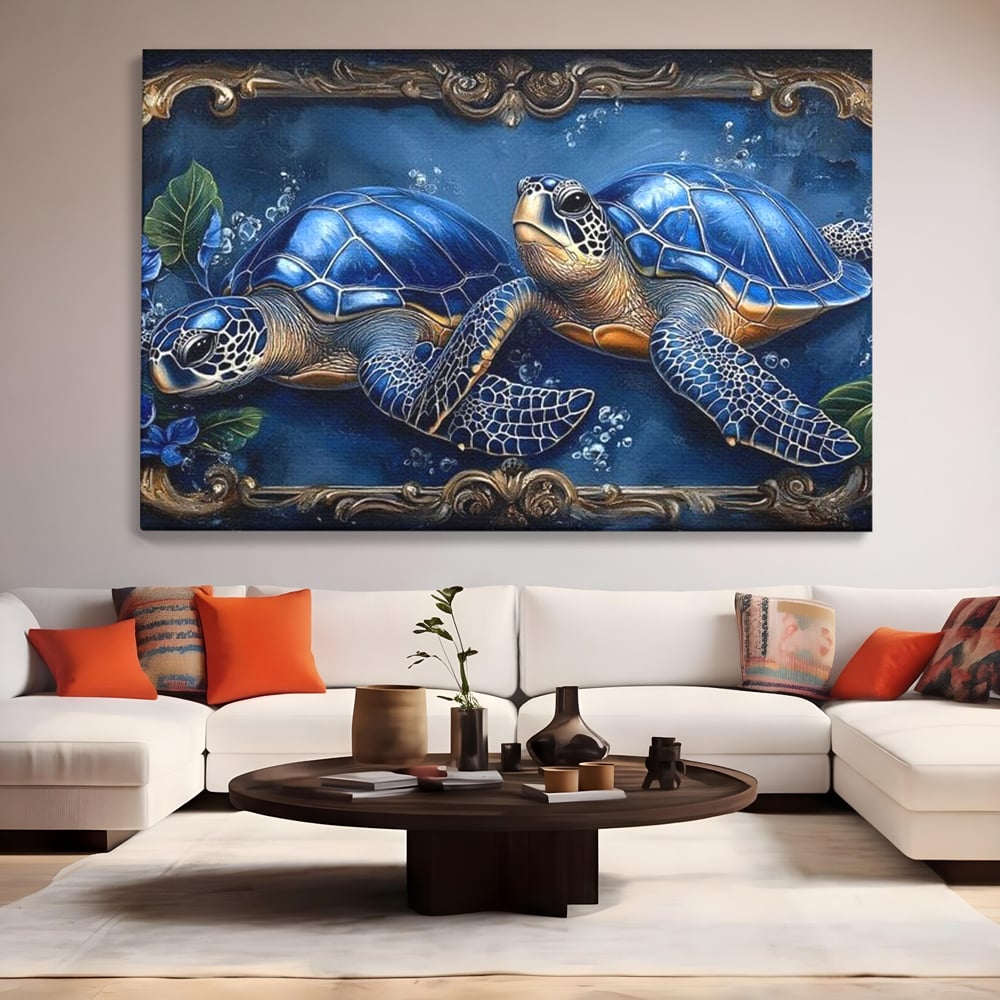 Tablou Canvas Premium, LuxCanva® M1423, Fratia Oceanului, Testoase, Ocean, Albastru, Auriu, Adancuri, Mister, Pereche, Flori, Poveste, Acvatic, Birou, Living, Camera Copil