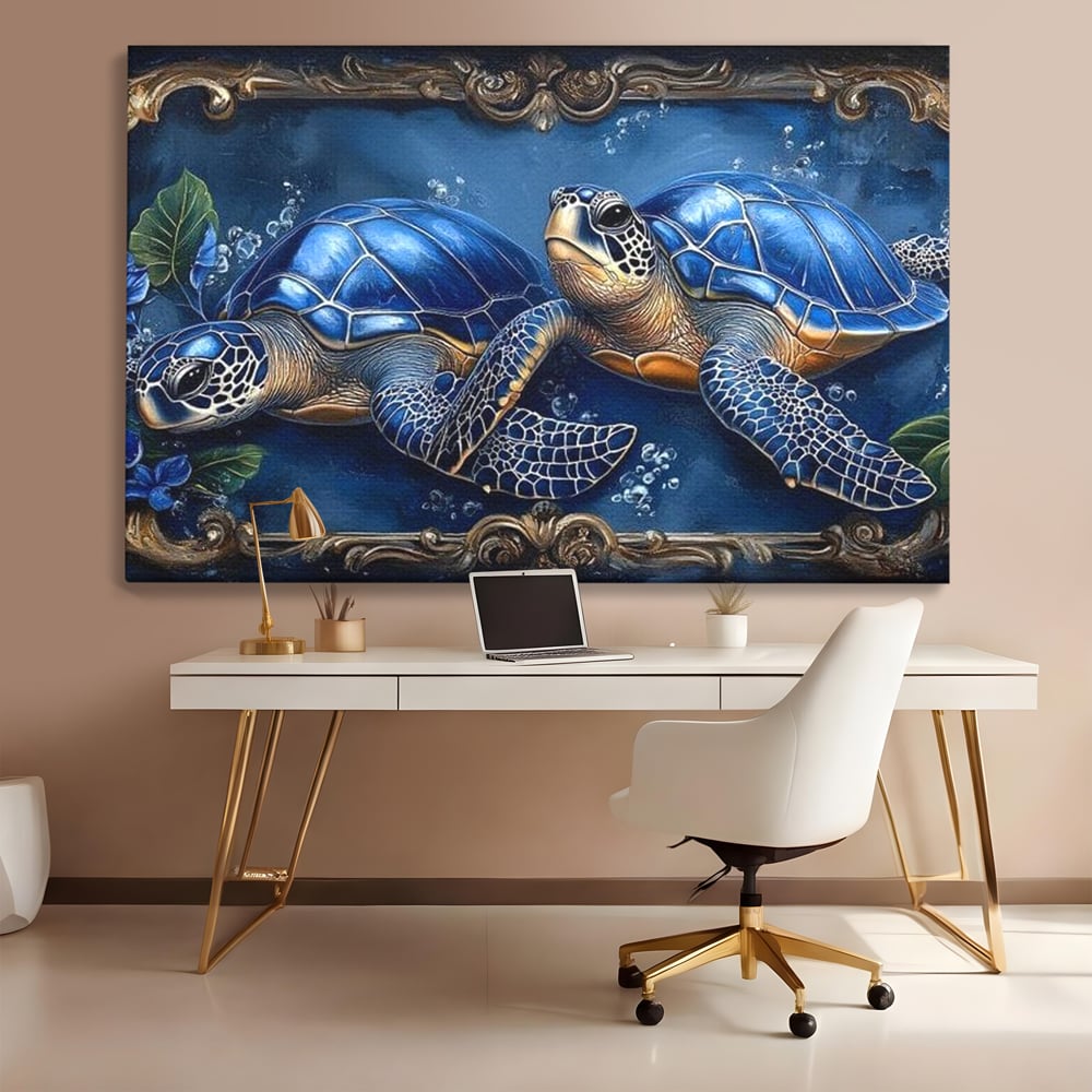 Tablou Canvas Premium, LuxCanva® M1423, Fratia Oceanului, Testoase, Ocean, Albastru, Auriu, Adancuri, Mister, Pereche, Flori, Poveste, Acvatic, Birou, Living, Camera Copil