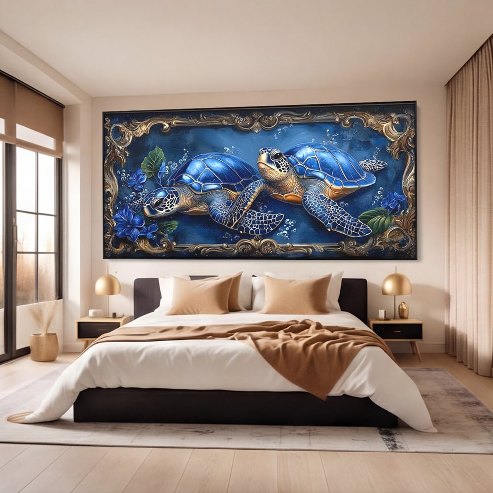 Tablou Canvas Premium, LuxCanva® M1423, Fratia Oceanului, Testoase, Ocean, Albastru, Auriu, Adancuri, Mister, Pereche, Flori, Poveste, Acvatic, Birou, Living, Camera Copil