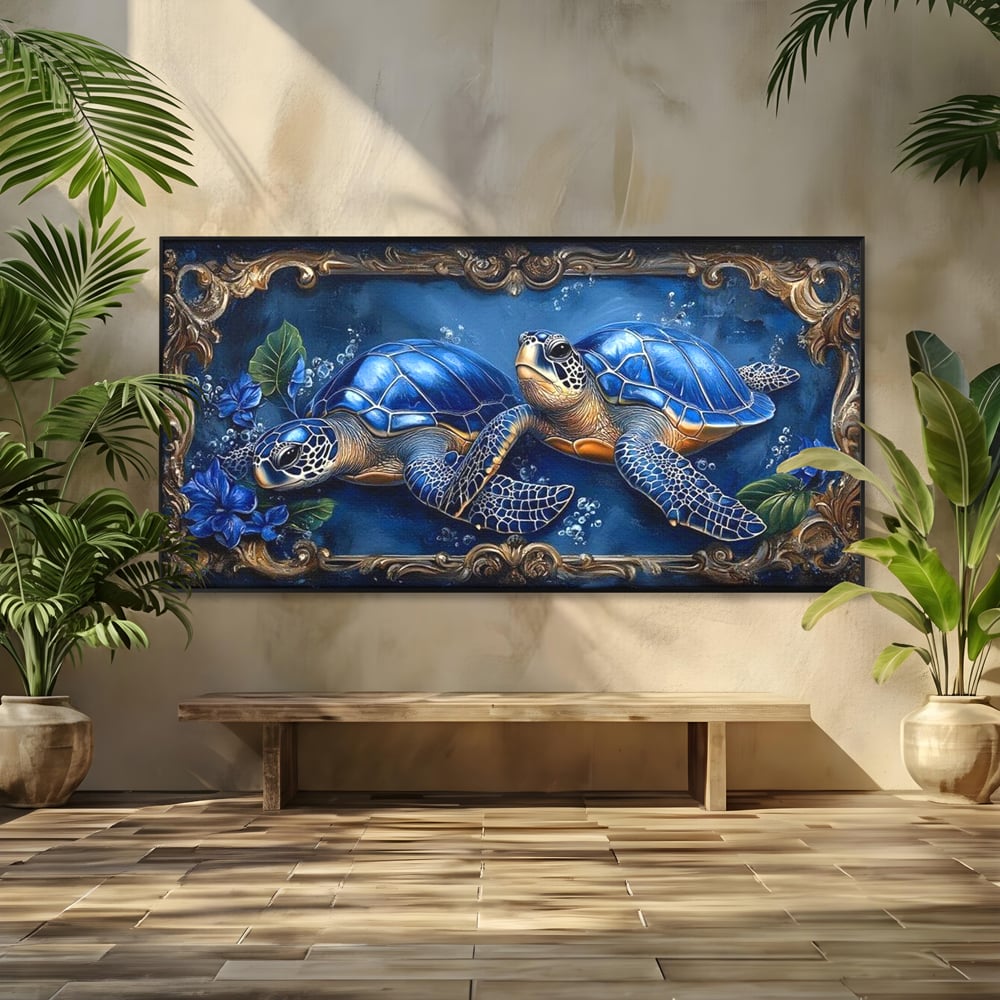 Tablou Canvas Premium, LuxCanva® M1423, Fratia Oceanului, Testoase, Ocean, Albastru, Auriu, Adancuri, Mister, Pereche, Flori, Poveste, Acvatic, Birou, Living, Camera Copil
