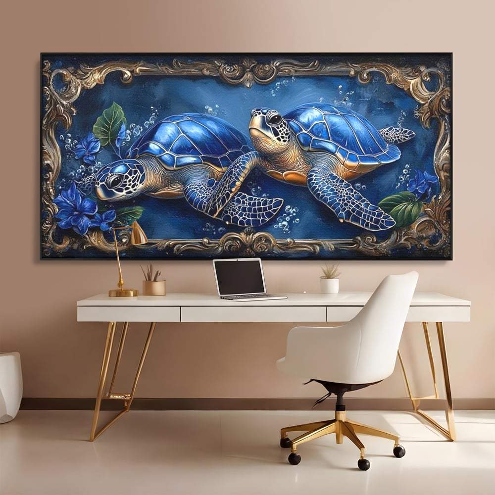 Tablou Canvas Premium, LuxCanva® M1423, Fratia Oceanului, Testoase, Ocean, Albastru, Auriu, Adancuri, Mister, Pereche, Flori, Poveste, Acvatic, Birou, Living, Camera Copil