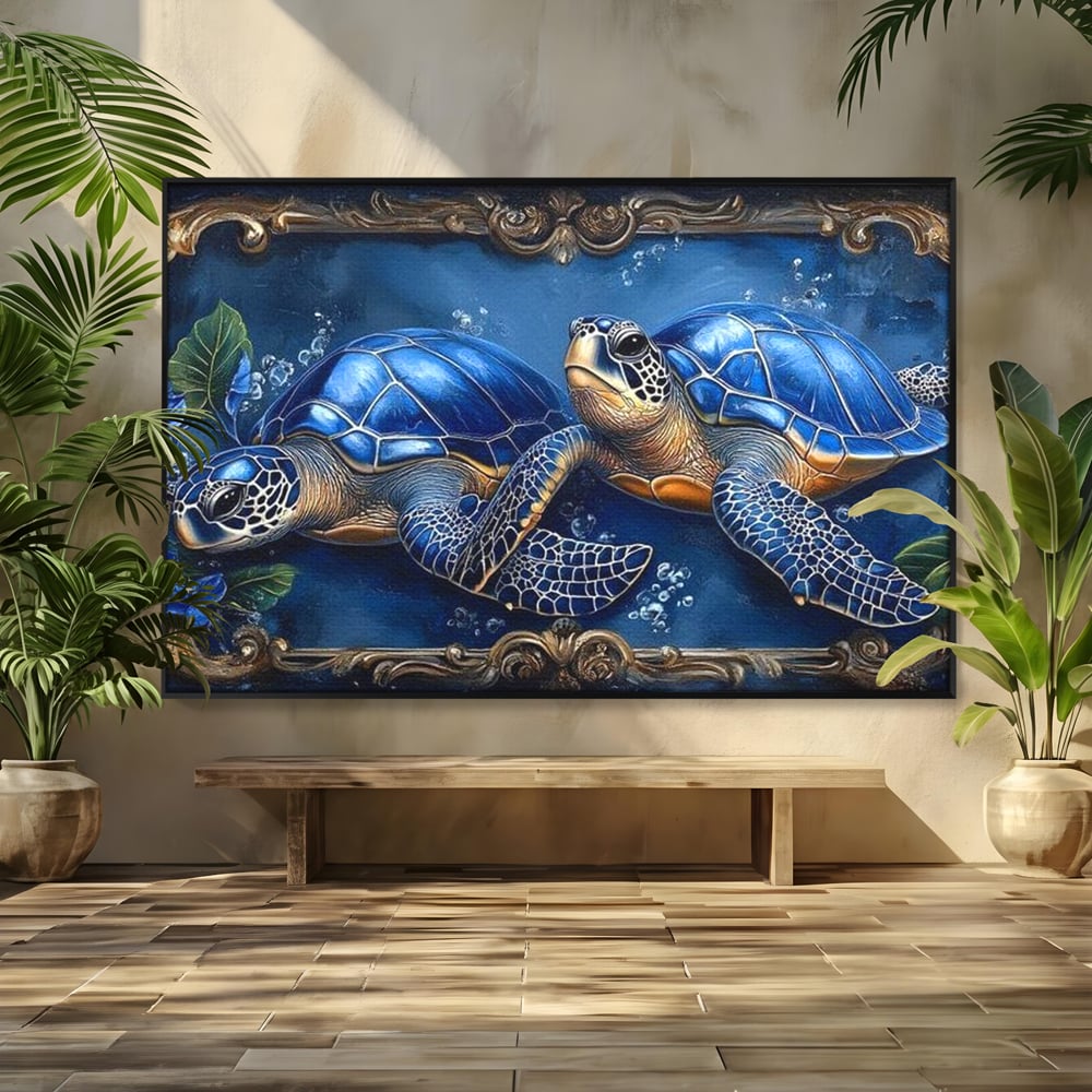 Tablou Canvas Premium, LuxCanva® M1423, Fratia Oceanului, Testoase, Ocean, Albastru, Auriu, Adancuri, Mister, Pereche, Flori, Poveste, Acvatic, Birou, Living, Camera Copil