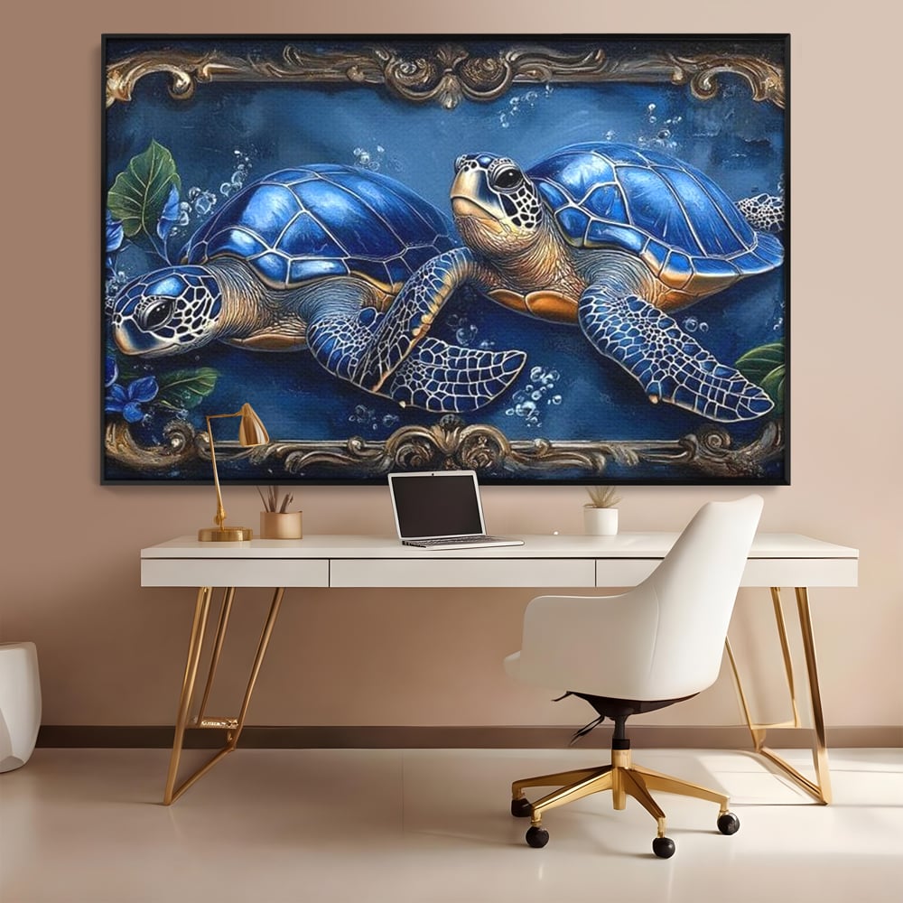 Tablou Canvas Premium, LuxCanva® M1423, Fratia Oceanului, Testoase, Ocean, Albastru, Auriu, Adancuri, Mister, Pereche, Flori, Poveste, Acvatic, Birou, Living, Camera Copil