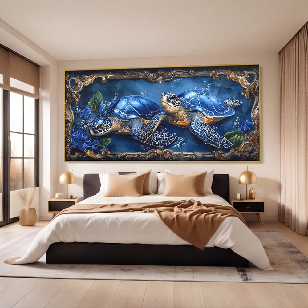 Tablou Canvas Premium, LuxCanva® M1423, Fratia Oceanului, Testoase, Ocean, Albastru, Auriu, Adancuri, Mister, Pereche, Flori, Poveste, Acvatic, Birou, Living, Camera Copil