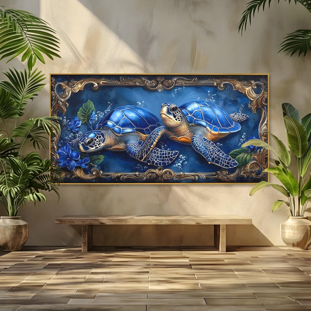 Tablou Canvas Premium, LuxCanva® M1423, Fratia Oceanului, Testoase, Ocean, Albastru, Auriu, Adancuri, Mister, Pereche, Flori, Poveste, Acvatic, Birou, Living, Camera Copil