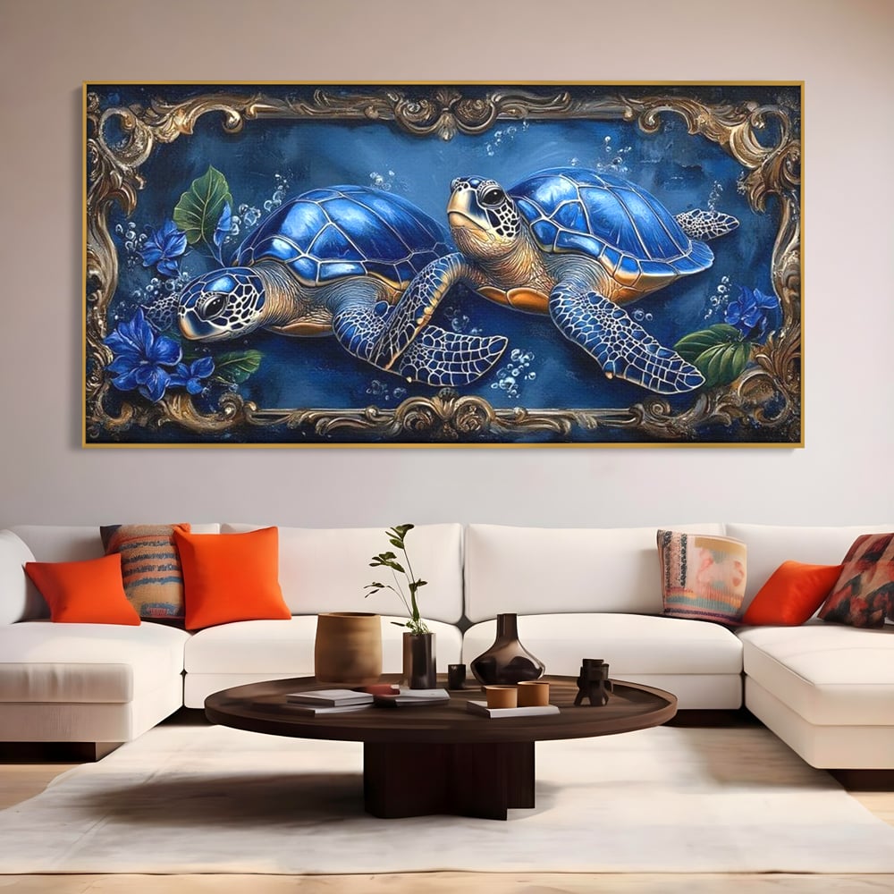 Tablou Canvas Premium, LuxCanva® M1423, Fratia Oceanului, Testoase, Ocean, Albastru, Auriu, Adancuri, Mister, Pereche, Flori, Poveste, Acvatic, Birou, Living, Camera Copil