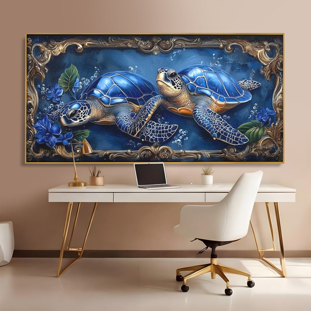 Tablou Canvas Premium, LuxCanva® M1423, Fratia Oceanului, Testoase, Ocean, Albastru, Auriu, Adancuri, Mister, Pereche, Flori, Poveste, Acvatic, Birou, Living, Camera Copil