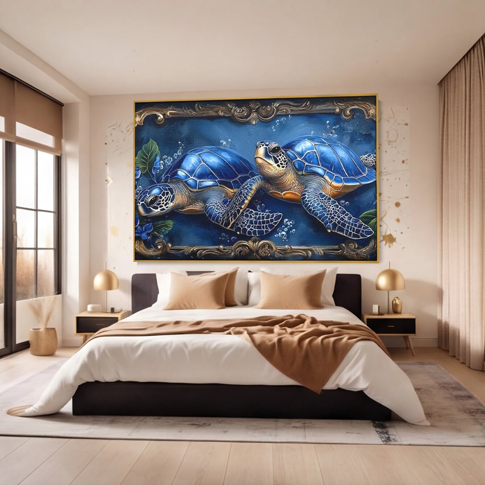 Tablou Canvas Premium, LuxCanva® M1423, Fratia Oceanului, Testoase, Ocean, Albastru, Auriu, Adancuri, Mister, Pereche, Flori, Poveste, Acvatic, Birou, Living, Camera Copil