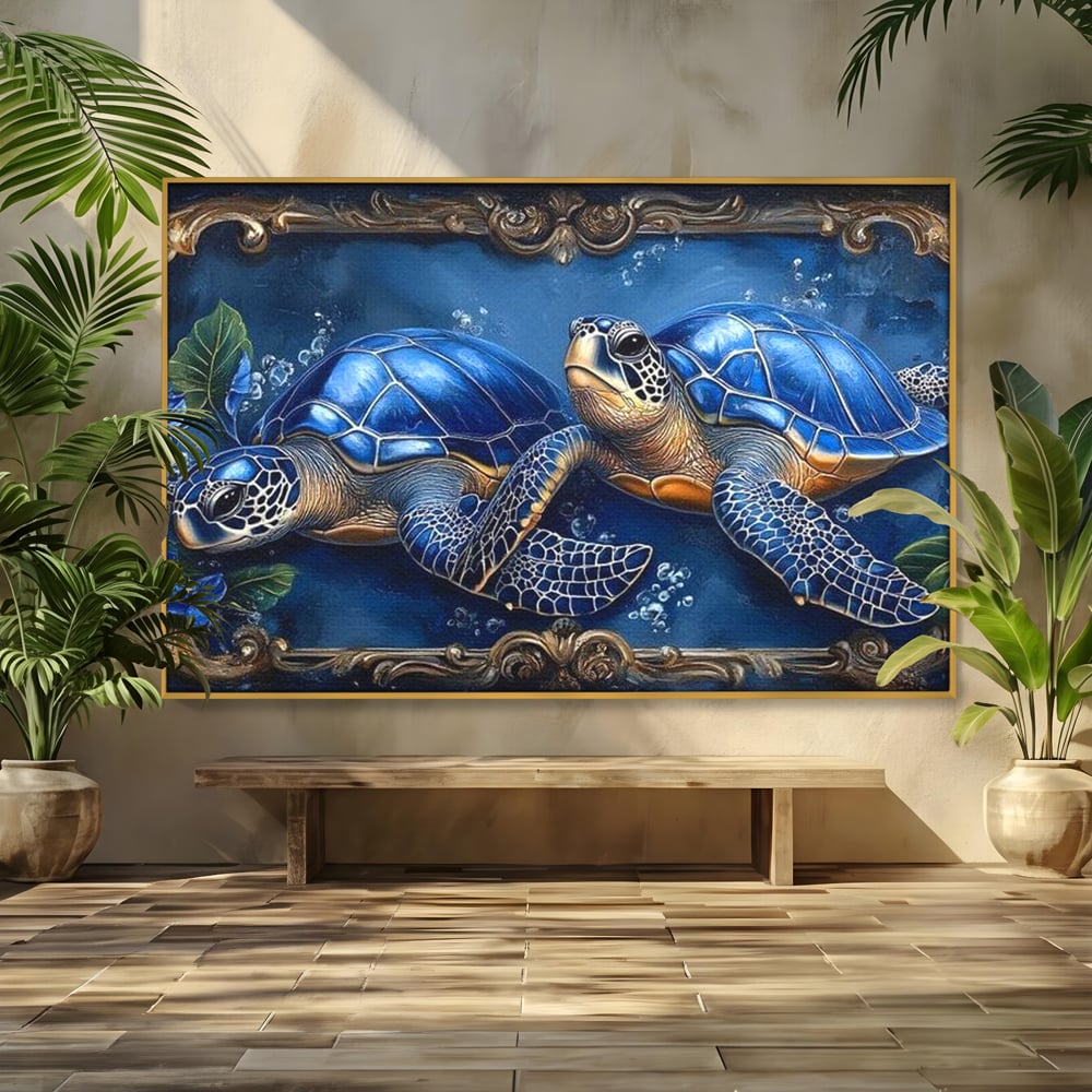 Tablou Canvas Premium, LuxCanva® M1423, Fratia Oceanului, Testoase, Ocean, Albastru, Auriu, Adancuri, Mister, Pereche, Flori, Poveste, Acvatic, Birou, Living, Camera Copil