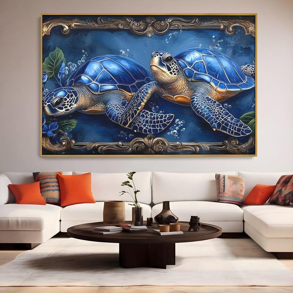 Tablou Canvas Premium, LuxCanva® M1423, Fratia Oceanului, Testoase, Ocean, Albastru, Auriu, Adancuri, Mister, Pereche, Flori, Poveste, Acvatic, Birou, Living, Camera Copil
