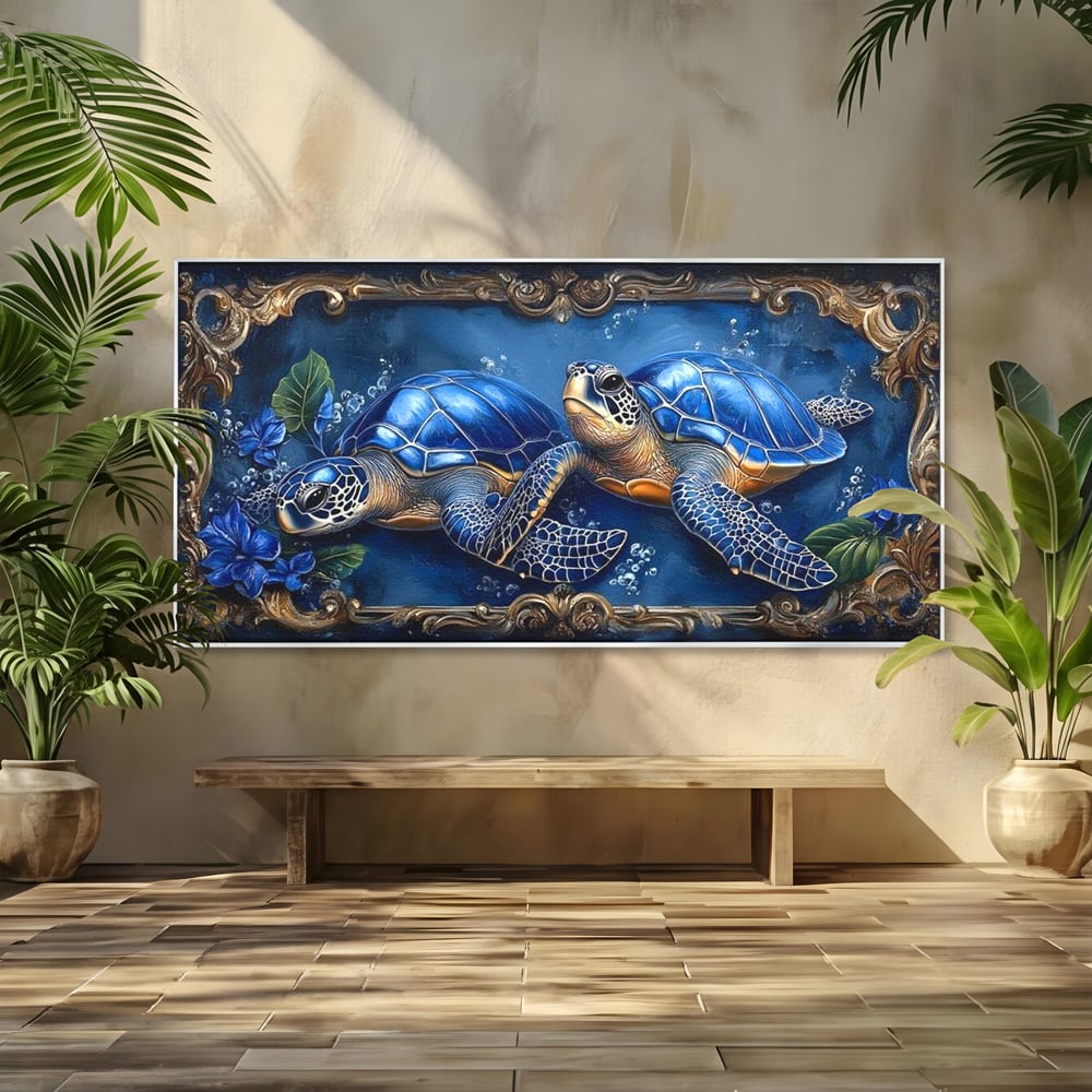 Tablou Canvas Premium, LuxCanva® M1423, Fratia Oceanului, Testoase, Ocean, Albastru, Auriu, Adancuri, Mister, Pereche, Flori, Poveste, Acvatic, Birou, Living, Camera Copil