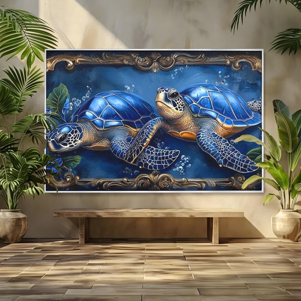 Tablou Canvas Premium, LuxCanva® M1423, Fratia Oceanului, Testoase, Ocean, Albastru, Auriu, Adancuri, Mister, Pereche, Flori, Poveste, Acvatic, Birou, Living, Camera Copil