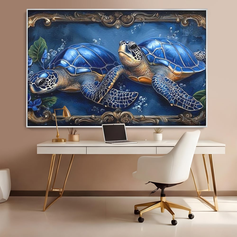 Tablou Canvas Premium, LuxCanva® M1423, Fratia Oceanului, Testoase, Ocean, Albastru, Auriu, Adancuri, Mister, Pereche, Flori, Poveste, Acvatic, Birou, Living, Camera Copil