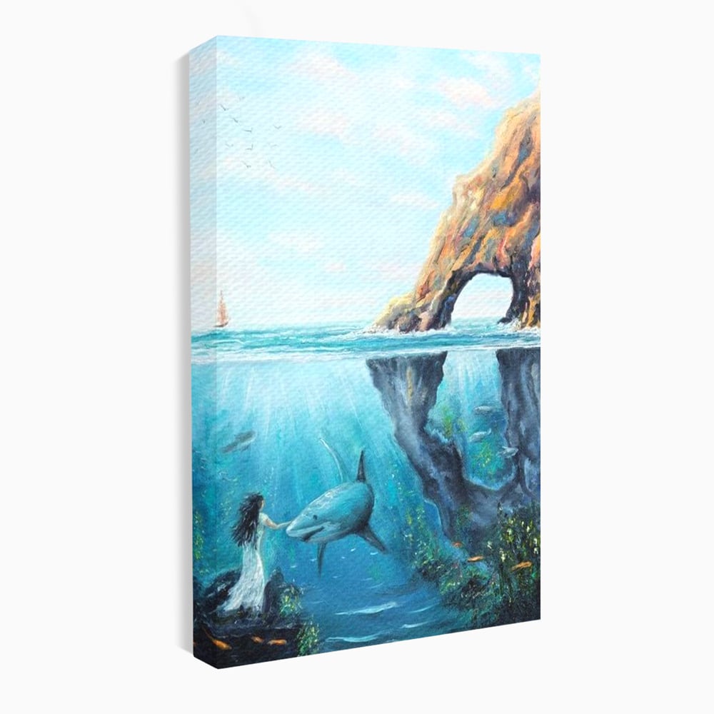 Leinwandbilder Premium, LuxCanva® M1424, Ruf des Wassers, Felsen, Hai, Ozean, Seetang, Frau, Fisch, Tiefe, Natur, Licht, Traum, Büro, Wohnen, Babyzimmer