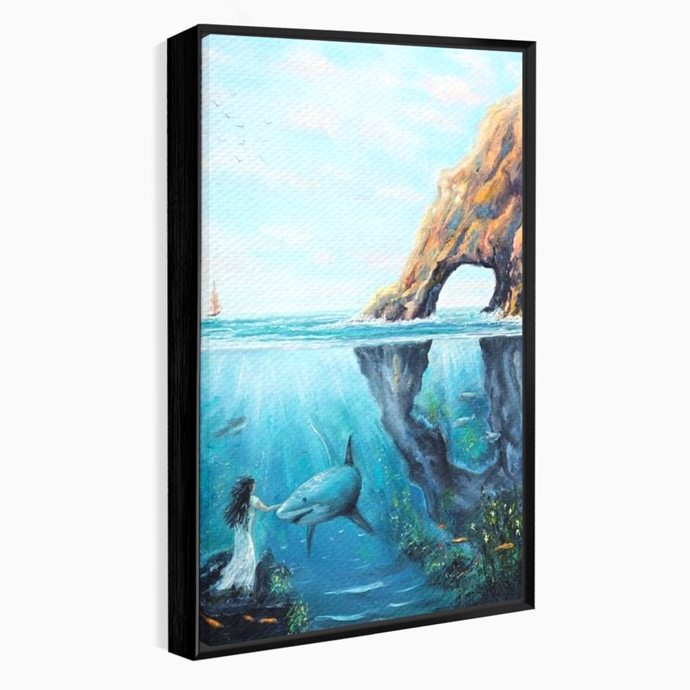 Leinwandbilder Premium, LuxCanva® M1424, Ruf des Wassers, Felsen, Hai, Ozean, Seetang, Frau, Fisch, Tiefe, Natur, Licht, Traum, Büro, Wohnen, Babyzimmer