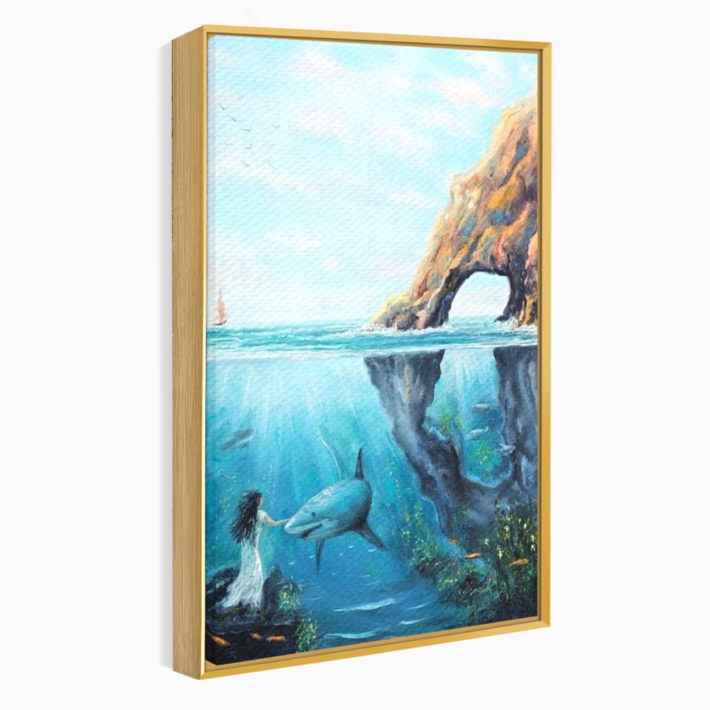 Leinwandbilder Premium, LuxCanva® M1424, Ruf des Wassers, Felsen, Hai, Ozean, Seetang, Frau, Fisch, Tiefe, Natur, Licht, Traum, Büro, Wohnen, Babyzimmer