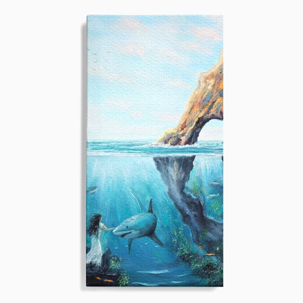Leinwandbilder Premium, LuxCanva® M1424, Ruf des Wassers, Felsen, Hai, Ozean, Seetang, Frau, Fisch, Tiefe, Natur, Licht, Traum, Büro, Wohnen, Babyzimmer