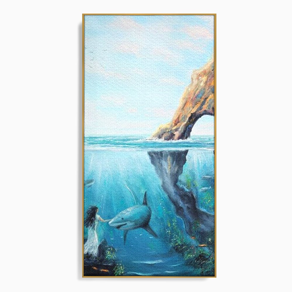 Leinwandbilder Premium, LuxCanva® M1424, Ruf des Wassers, Felsen, Hai, Ozean, Seetang, Frau, Fisch, Tiefe, Natur, Licht, Traum, Büro, Wohnen, Babyzimmer