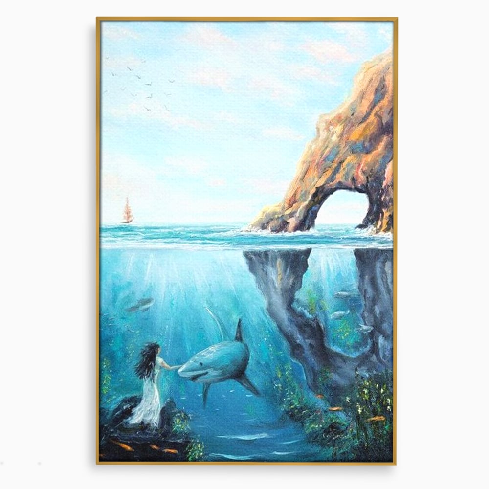 Leinwandbilder Premium, LuxCanva® M1424, Ruf des Wassers, Felsen, Hai, Ozean, Seetang, Frau, Fisch, Tiefe, Natur, Licht, Traum, Büro, Wohnen, Babyzimmer