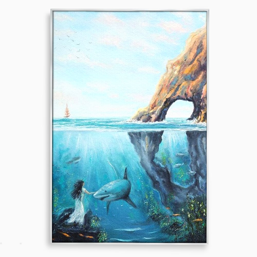 Leinwandbilder Premium, LuxCanva® M1424, Ruf des Wassers, Felsen, Hai, Ozean, Seetang, Frau, Fisch, Tiefe, Natur, Licht, Traum, Büro, Wohnen, Babyzimmer