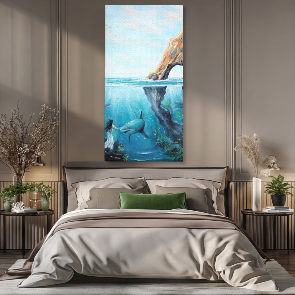 Leinwandbilder Premium, LuxCanva® M1424, Ruf des Wassers, Felsen, Hai, Ozean, Seetang, Frau, Fisch, Tiefe, Natur, Licht, Traum, Büro, Wohnen, Babyzimmer