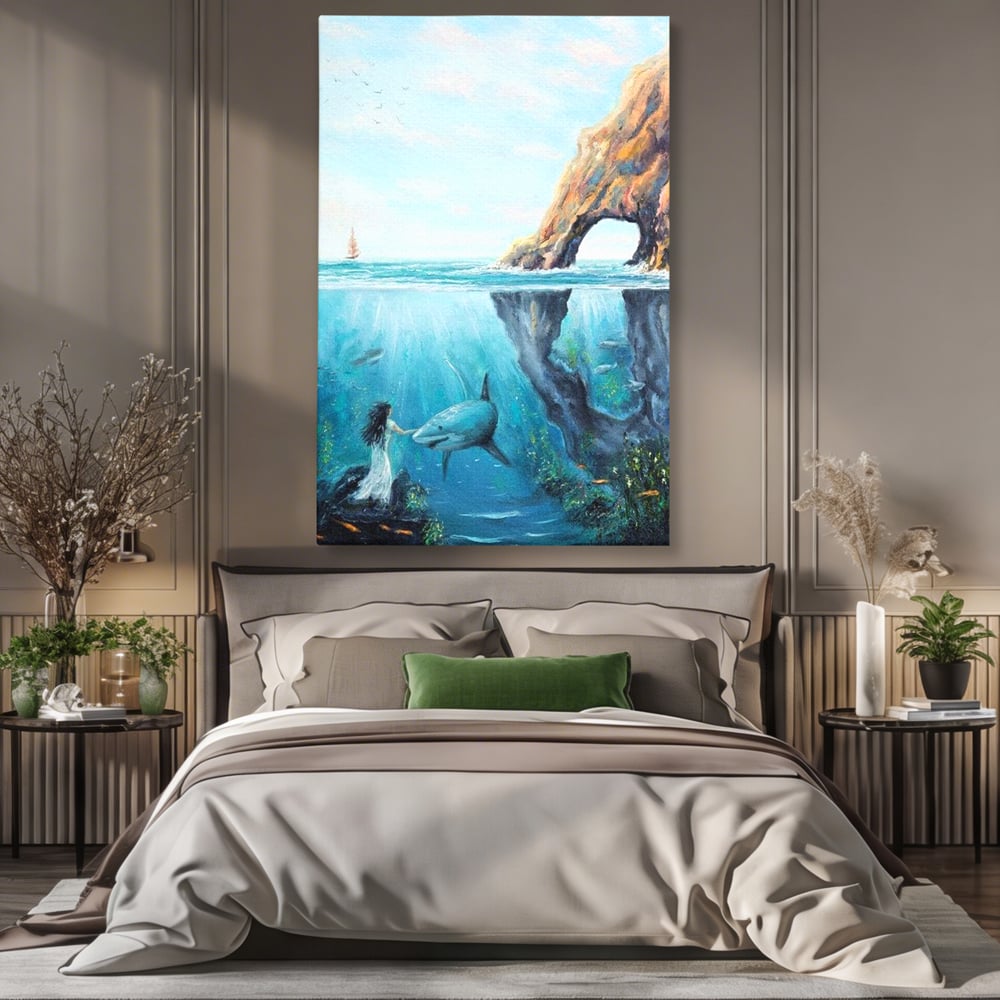 Leinwandbilder Premium, LuxCanva® M1424, Ruf des Wassers, Felsen, Hai, Ozean, Seetang, Frau, Fisch, Tiefe, Natur, Licht, Traum, Büro, Wohnen, Babyzimmer