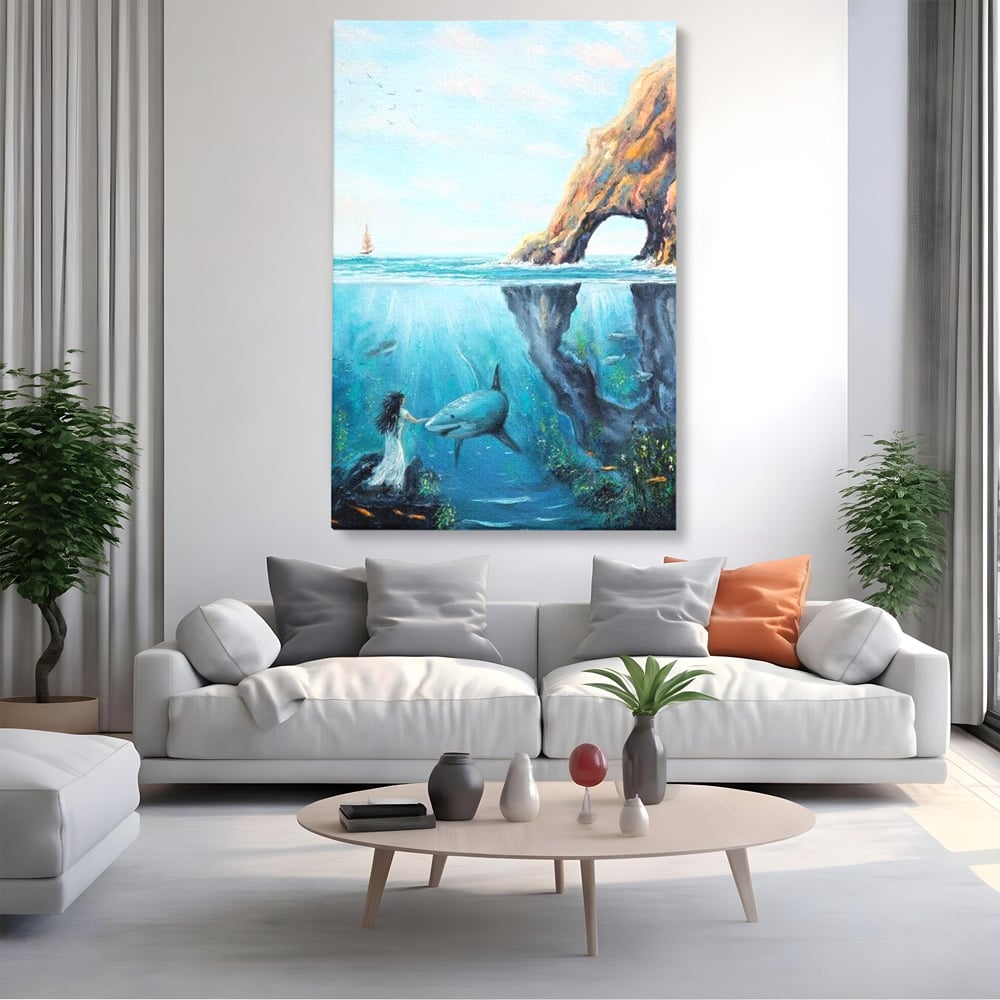 Leinwandbilder Premium, LuxCanva® M1424, Ruf des Wassers, Felsen, Hai, Ozean, Seetang, Frau, Fisch, Tiefe, Natur, Licht, Traum, Büro, Wohnen, Babyzimmer