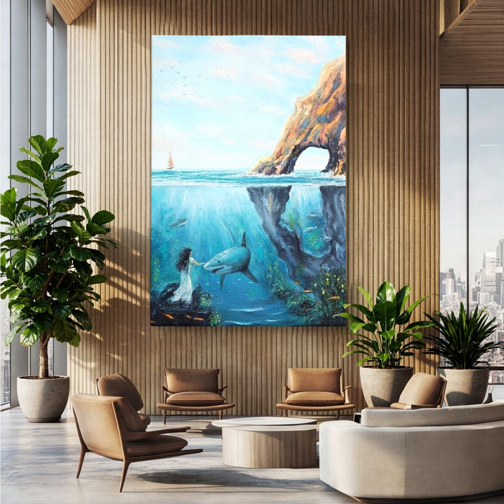 Leinwandbilder Premium, LuxCanva® M1424, Ruf des Wassers, Felsen, Hai, Ozean, Seetang, Frau, Fisch, Tiefe, Natur, Licht, Traum, Büro, Wohnen, Babyzimmer