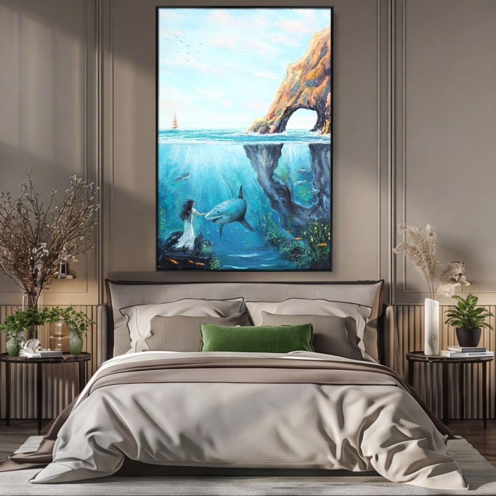 Leinwandbilder Premium, LuxCanva® M1424, Ruf des Wassers, Felsen, Hai, Ozean, Seetang, Frau, Fisch, Tiefe, Natur, Licht, Traum, Büro, Wohnen, Babyzimmer