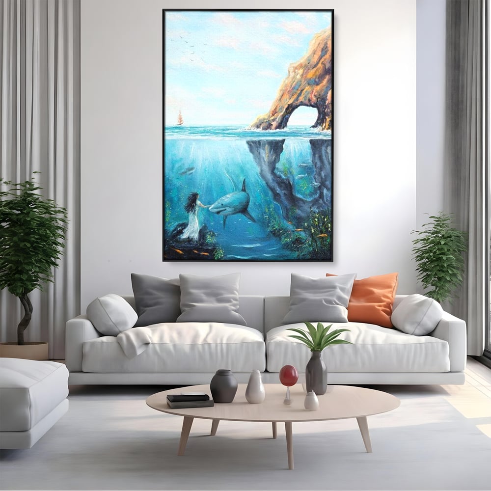 Leinwandbilder Premium, LuxCanva® M1424, Ruf des Wassers, Felsen, Hai, Ozean, Seetang, Frau, Fisch, Tiefe, Natur, Licht, Traum, Büro, Wohnen, Babyzimmer