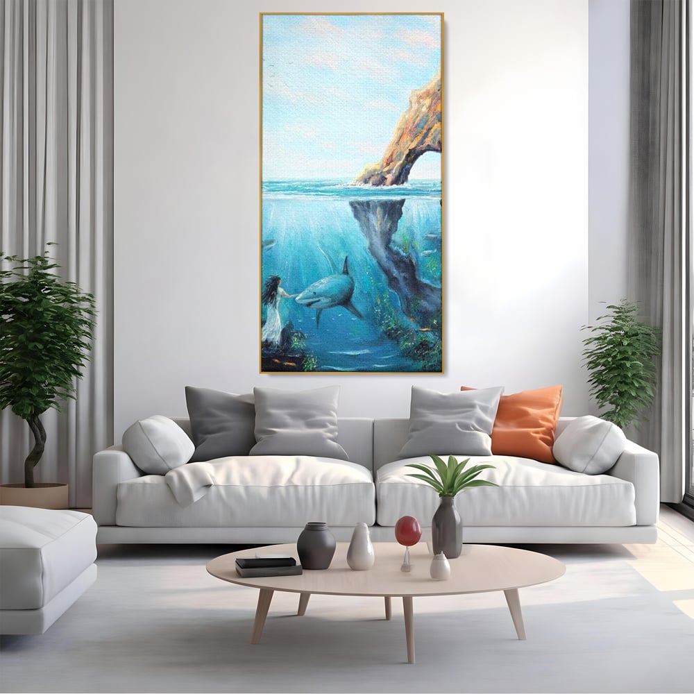 Leinwandbilder Premium, LuxCanva® M1424, Ruf des Wassers, Felsen, Hai, Ozean, Seetang, Frau, Fisch, Tiefe, Natur, Licht, Traum, Büro, Wohnen, Babyzimmer