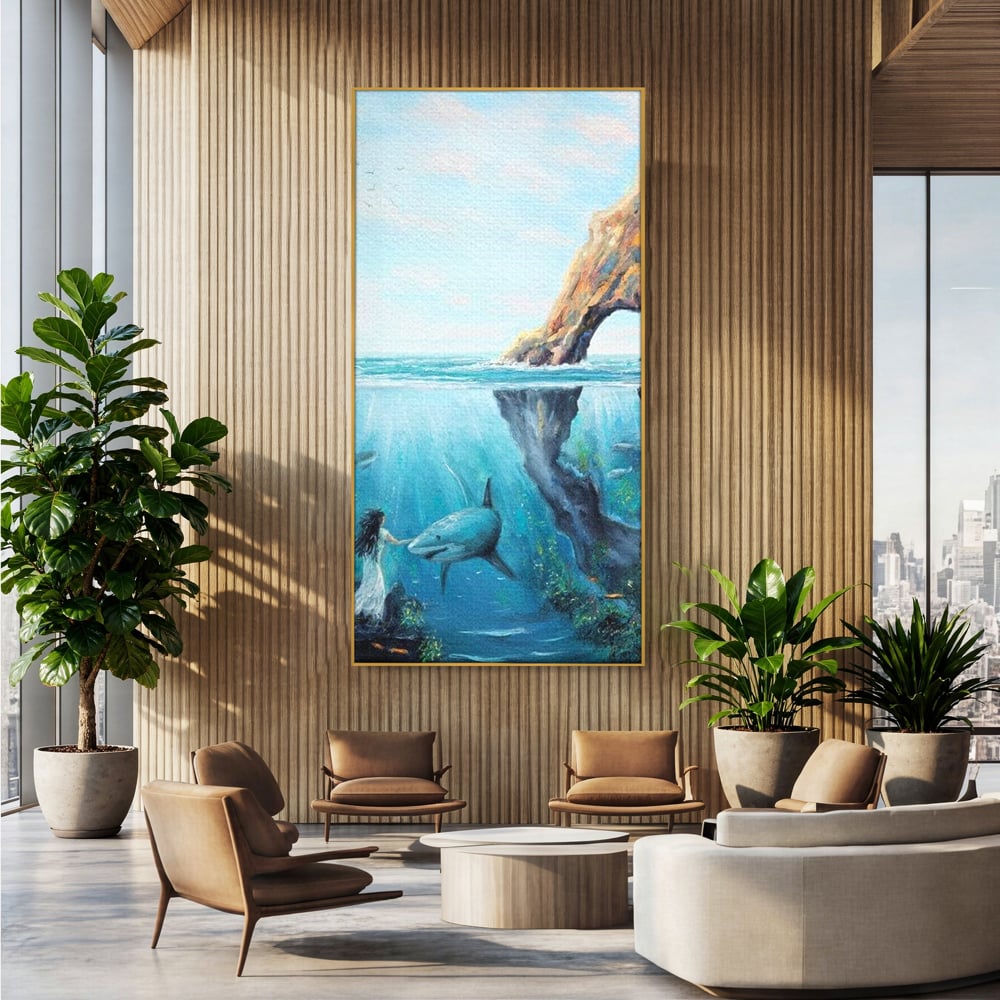 Leinwandbilder Premium, LuxCanva® M1424, Ruf des Wassers, Felsen, Hai, Ozean, Seetang, Frau, Fisch, Tiefe, Natur, Licht, Traum, Büro, Wohnen, Babyzimmer
