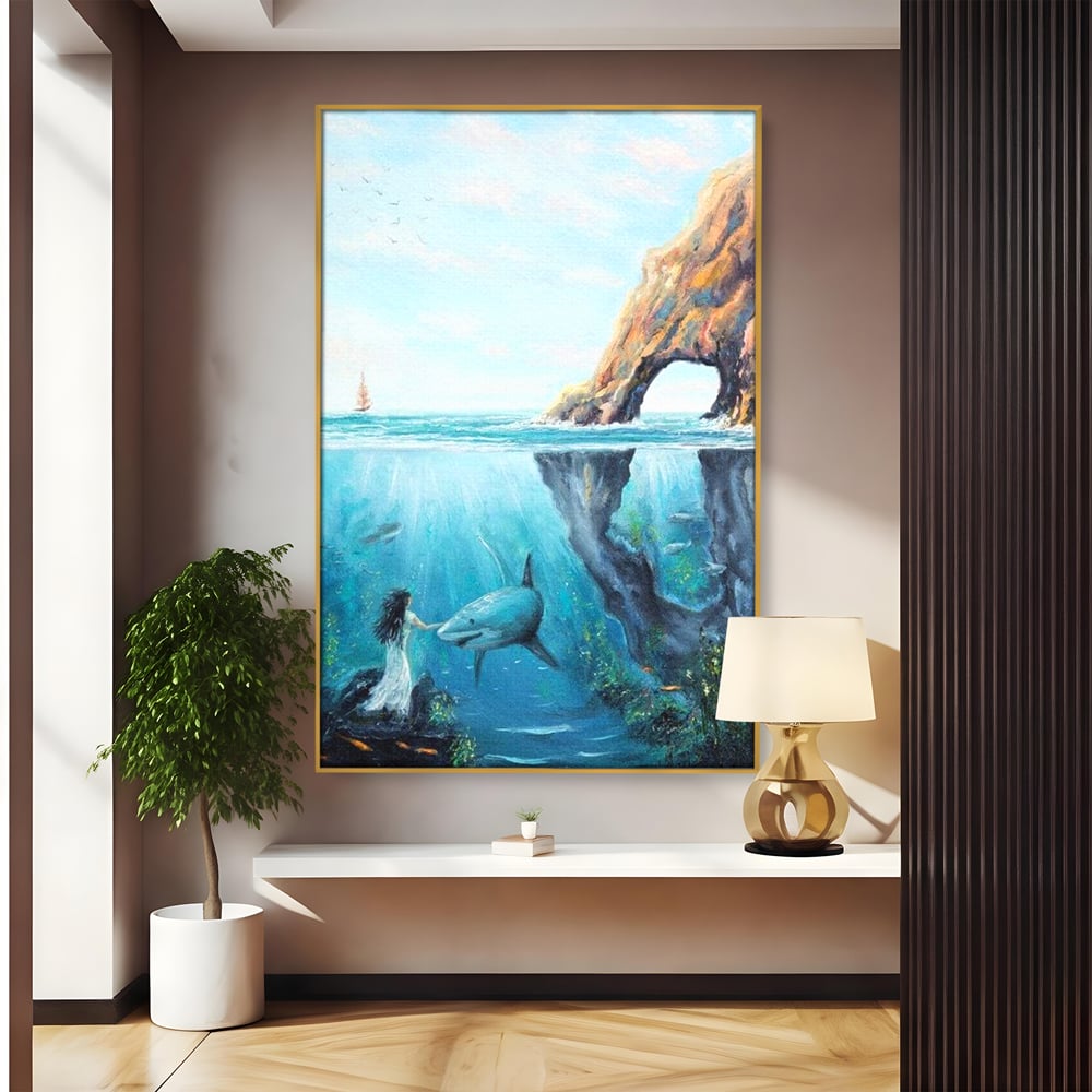 Leinwandbilder Premium, LuxCanva® M1424, Ruf des Wassers, Felsen, Hai, Ozean, Seetang, Frau, Fisch, Tiefe, Natur, Licht, Traum, Büro, Wohnen, Babyzimmer