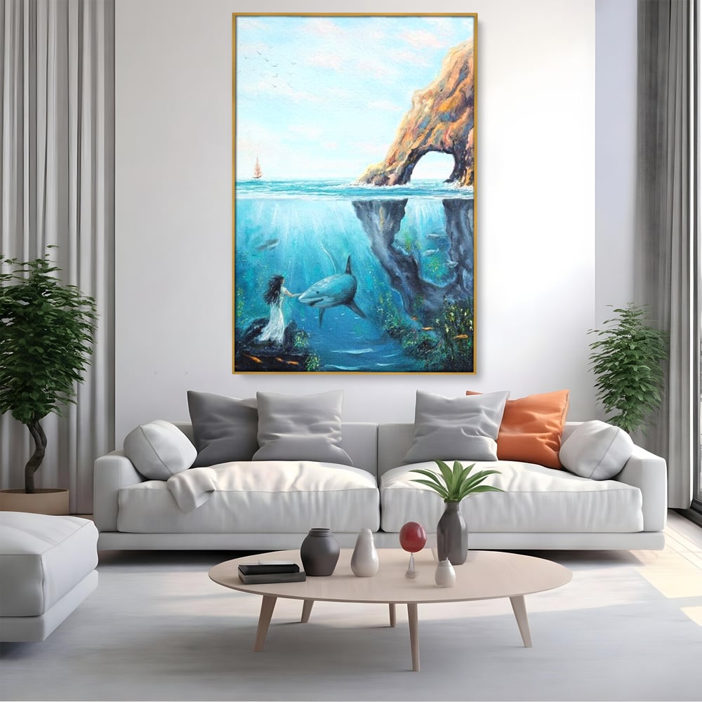 Leinwandbilder Premium, LuxCanva® M1424, Ruf des Wassers, Felsen, Hai, Ozean, Seetang, Frau, Fisch, Tiefe, Natur, Licht, Traum, Büro, Wohnen, Babyzimmer