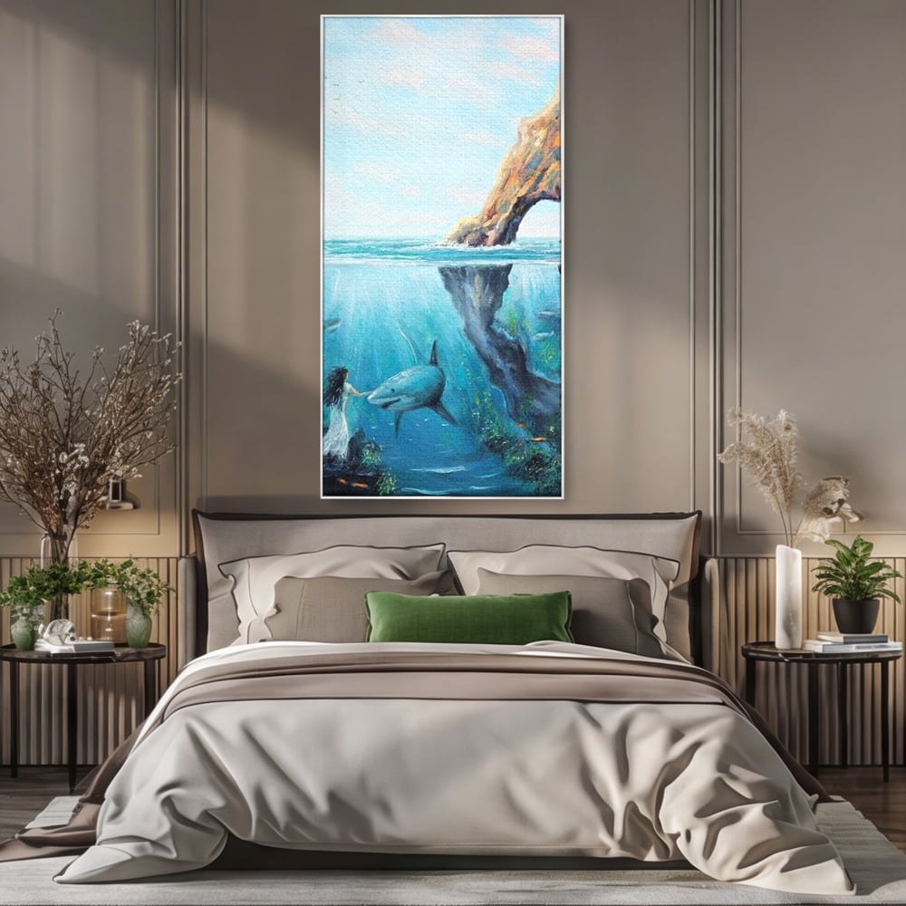 Leinwandbilder Premium, LuxCanva® M1424, Ruf des Wassers, Felsen, Hai, Ozean, Seetang, Frau, Fisch, Tiefe, Natur, Licht, Traum, Büro, Wohnen, Babyzimmer
