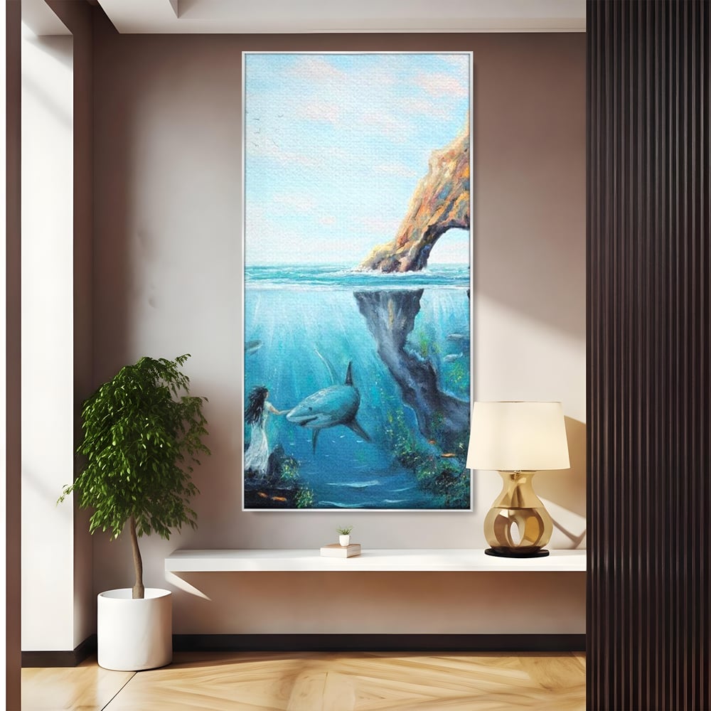 Leinwandbilder Premium, LuxCanva® M1424, Ruf des Wassers, Felsen, Hai, Ozean, Seetang, Frau, Fisch, Tiefe, Natur, Licht, Traum, Büro, Wohnen, Babyzimmer