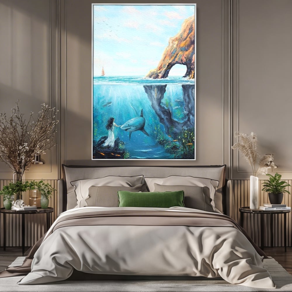 Leinwandbilder Premium, LuxCanva® M1424, Ruf des Wassers, Felsen, Hai, Ozean, Seetang, Frau, Fisch, Tiefe, Natur, Licht, Traum, Büro, Wohnen, Babyzimmer