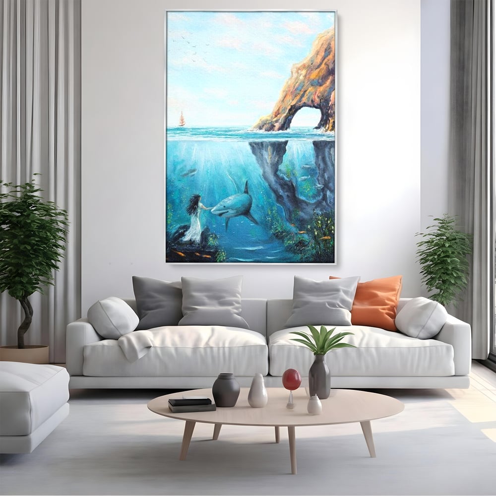 Leinwandbilder Premium, LuxCanva® M1424, Ruf des Wassers, Felsen, Hai, Ozean, Seetang, Frau, Fisch, Tiefe, Natur, Licht, Traum, Büro, Wohnen, Babyzimmer