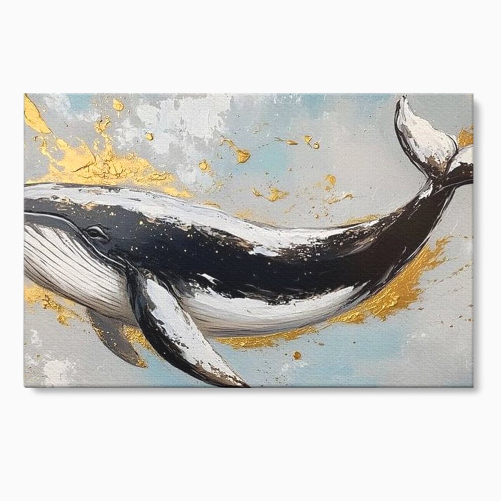 Leinwand Wandkunst Premium, LuxCanva® M1425, Goldener Wal, Abstrakte Kunst, Golden, Wellen, Wal, Gemälde, Ozean, Tief, Kolossal, Elegant, Büro, Wohnen, Kinderzimmer