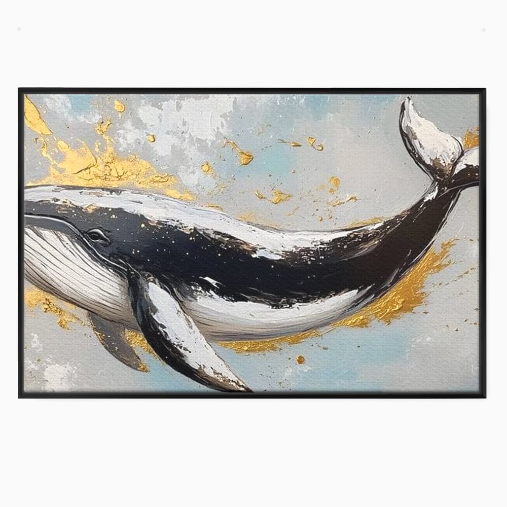 Leinwand Wandkunst Premium, LuxCanva® M1425, Goldener Wal, Abstrakte Kunst, Golden, Wellen, Wal, Gemälde, Ozean, Tief, Kolossal, Elegant, Büro, Wohnen, Kinderzimmer