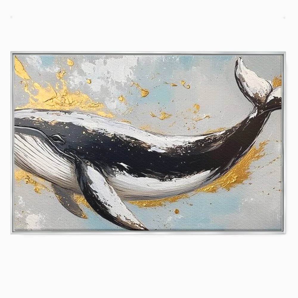 Leinwand Wandkunst Premium, LuxCanva® M1425, Goldener Wal, Abstrakte Kunst, Golden, Wellen, Wal, Gemälde, Ozean, Tief, Kolossal, Elegant, Büro, Wohnen, Kinderzimmer